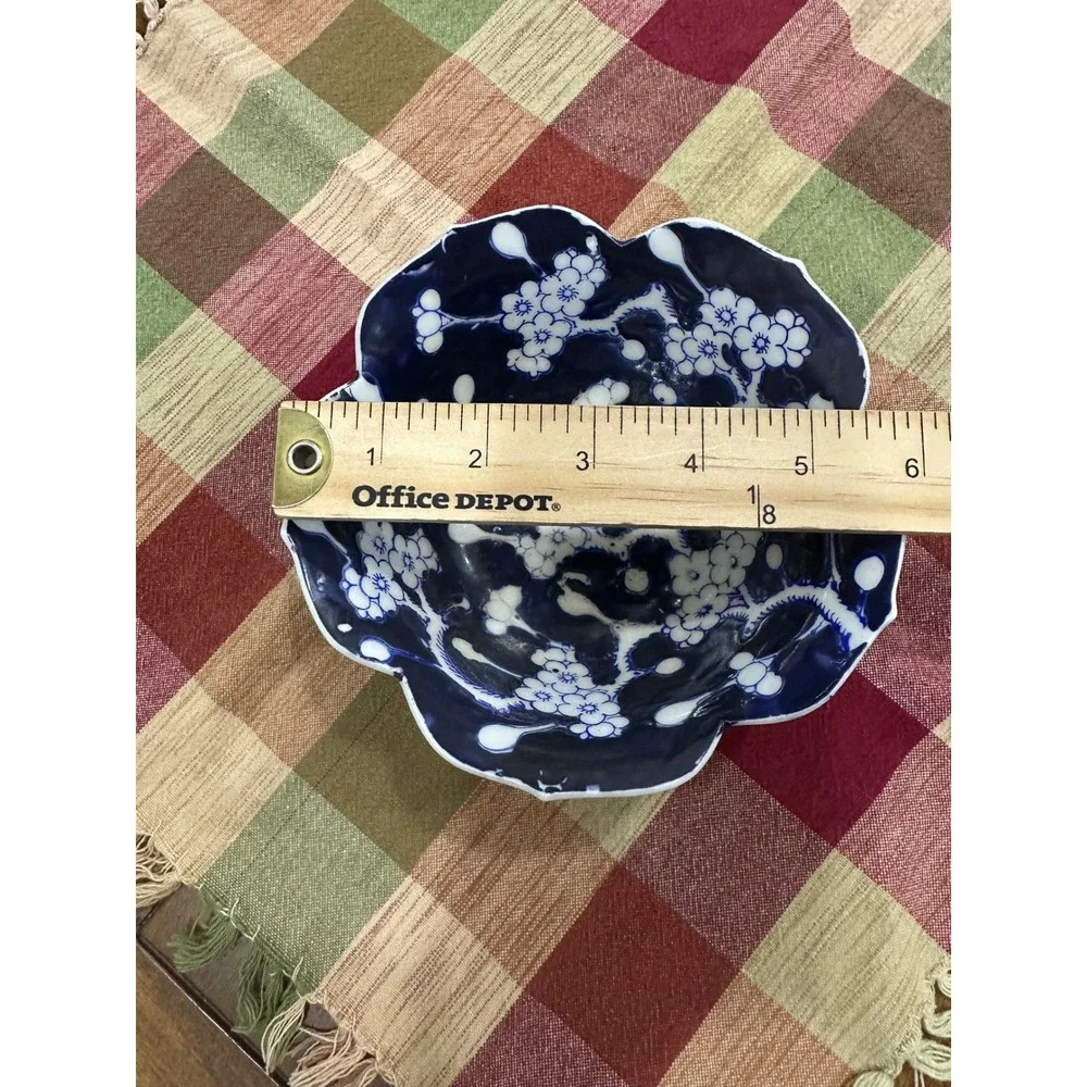 Vintage Japanese Cobalt Flow Blue Cherry Blossom Scalloped Porcelain Bowl